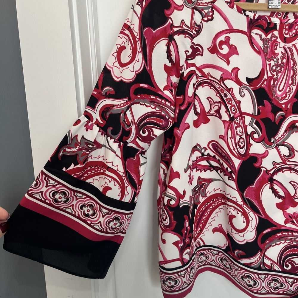 Joseph Ribkoff Vanilla Multi Paisley Pink Tie Side Blouse 3/4 Sleeve Size 4 - Picture 2 of 6